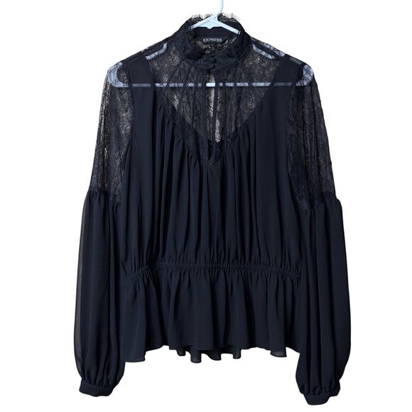 Express Sheer Black Lace Long Sleeve Top - Size Small - Picture 1 of 5